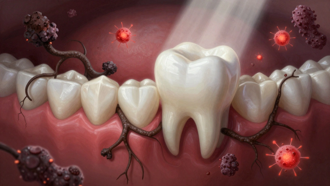 Symbolický obraz boje mezi zubním kamenem a zdravým ústním prostředím.