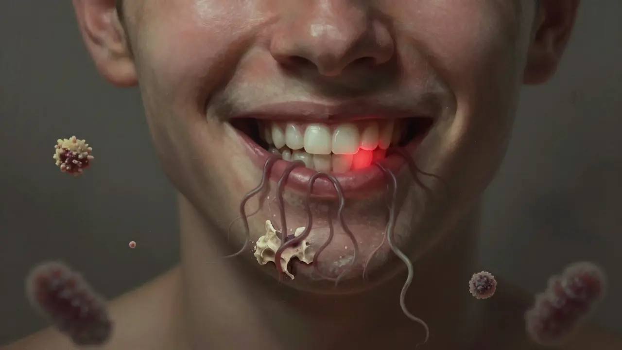 Symbolický obraz předního zubu s vnitřní infekcí a ničením dásně