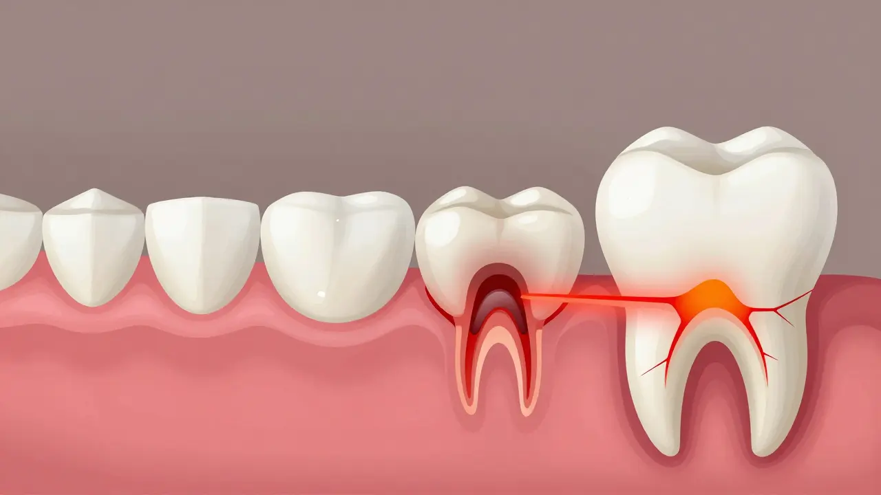 Time-lapse visual of a cavity spreading between teeth from a small white spot to deep decay.