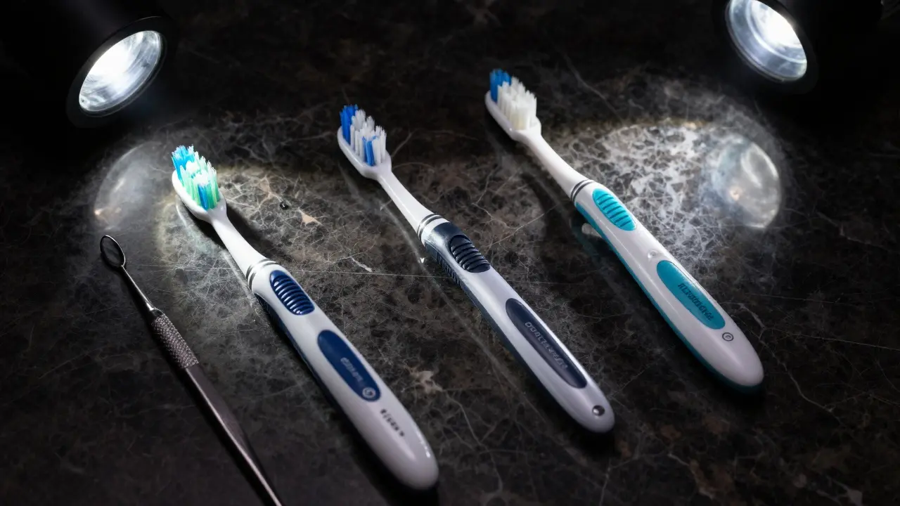 Tři modely Curaprox kartáčků uspořádané jako chirurgické nástroje