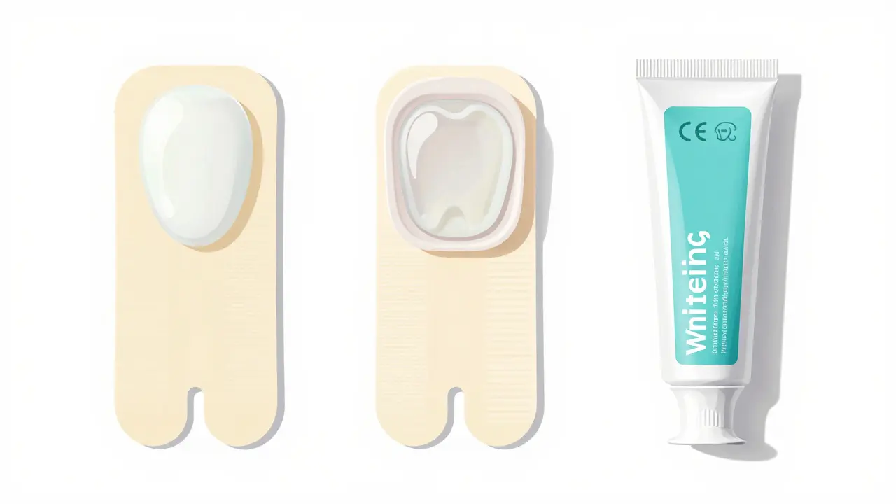 Tři typy domácích sad na bělení zubů: proužky, formy a pasta.