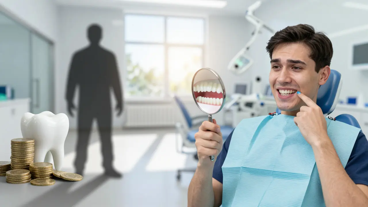 Two paths: one of fear outside a dental clinic, one of relief inside after treatment.