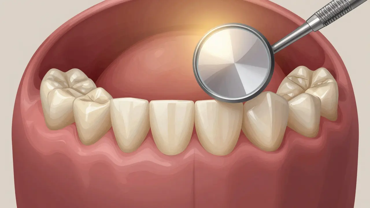 Vnitřní pohled do úst s viditelným zánětem pod můstkem a odrazem zrcátka.