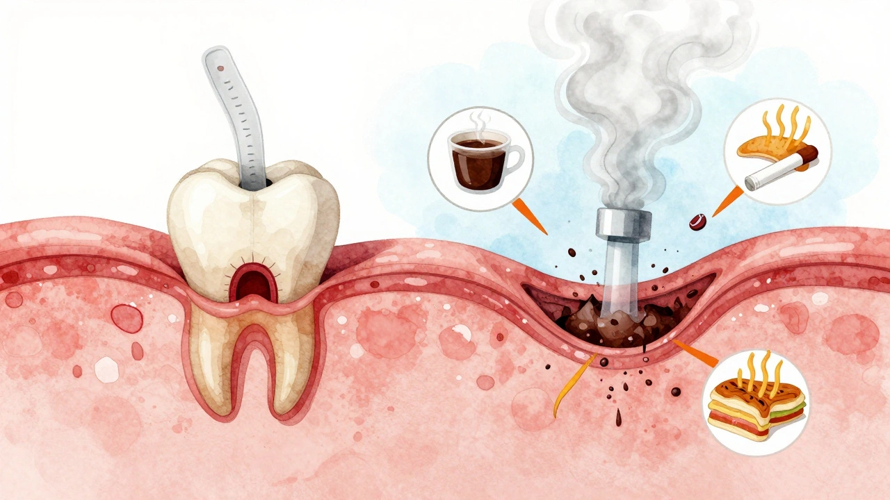 Vnitřní pohled na zubní díru s krevní sraženinou a symbolickými nebezpečími jako kouř a horké jídlo.