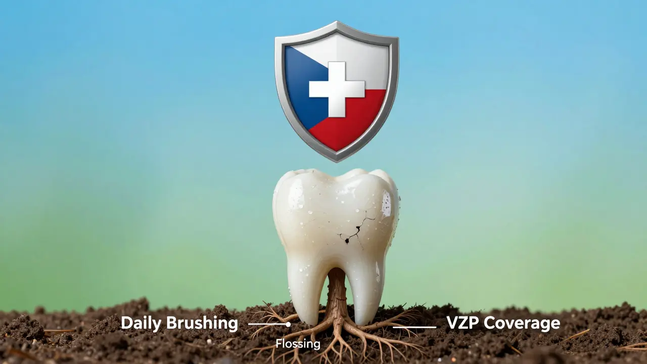 Zdravé zuby růstoucí z kořenů reprezentujících denní hygienu a ochranu VZP.