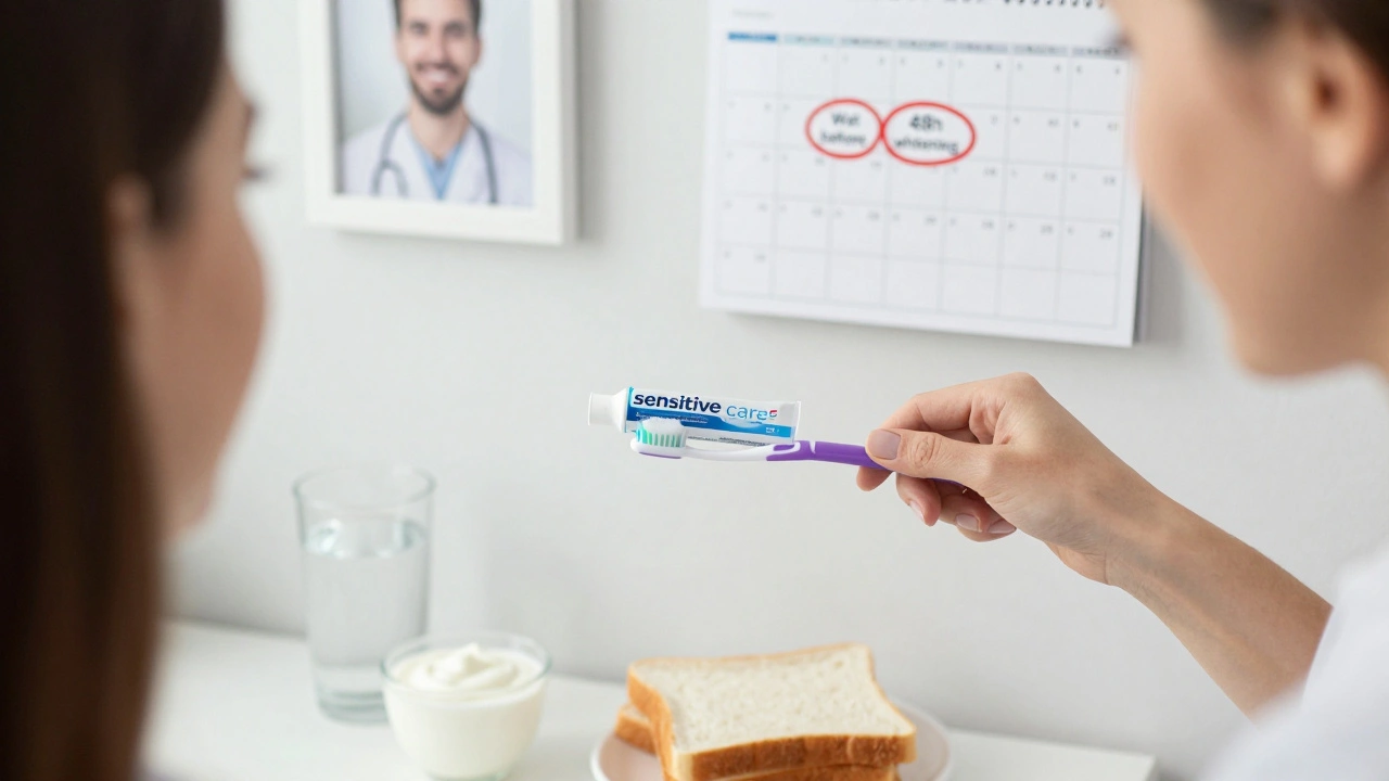 Žena jemně čistí zuby měkkým kartáčkem s pastou pro citlivé zuby.