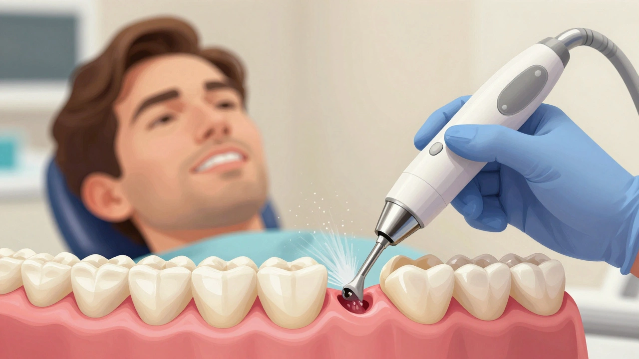 Zubní hygienistka odstraňuje kámen pomocí ultrazvukového zařízení v klinice.