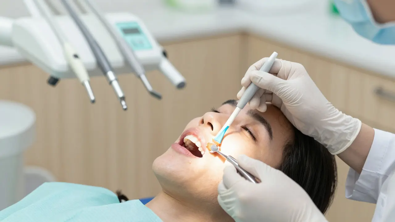 Zubní lékař aplikuje fluoridový lak na zuby pacienta v klinice.