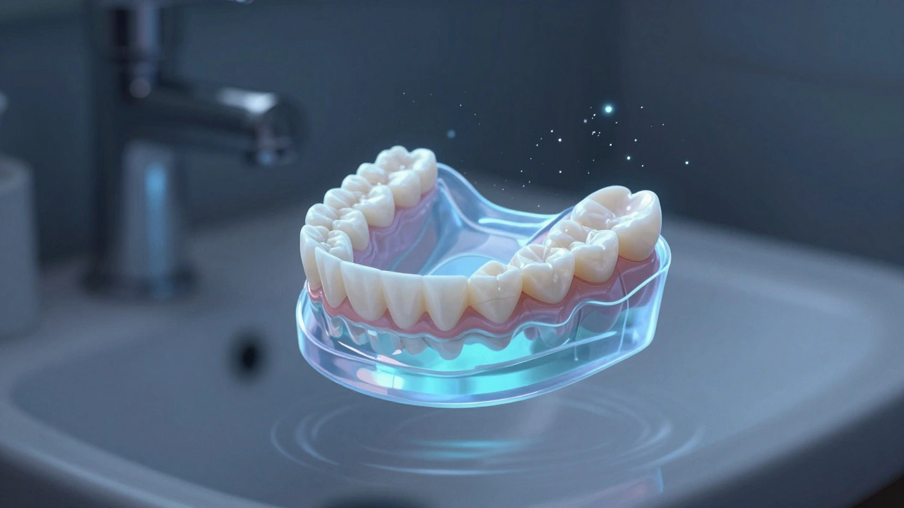 Zubní protéza plovoucí v čisticím roztoku v průhledné nádobě.