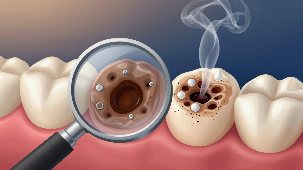 Zvětšený pohled na zuby s otevřenými pórůmi, které se snaží uzavřít ochranné minerály.