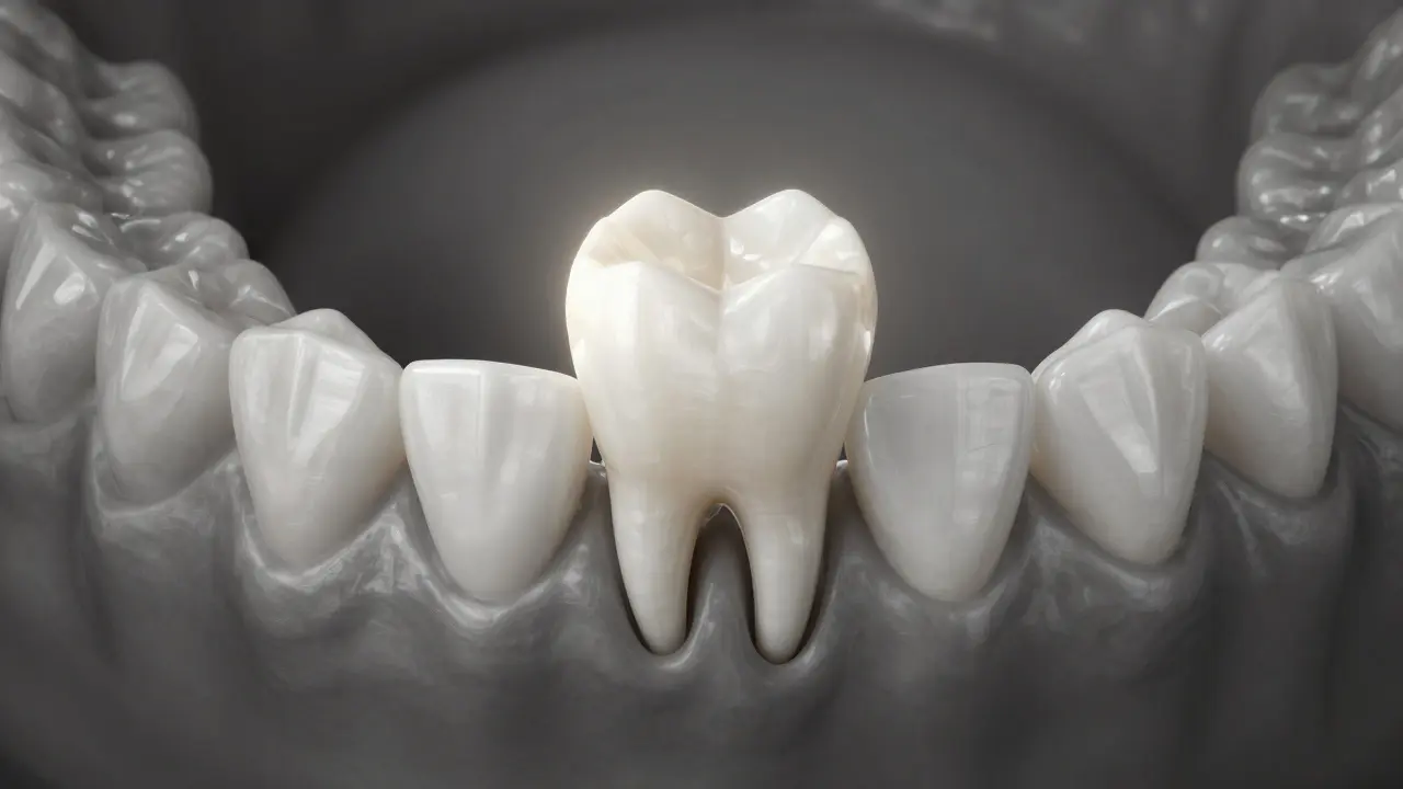 A glowing front tooth with internal ceramic post, symbolizing hidden strength in cosmetic dentistry.