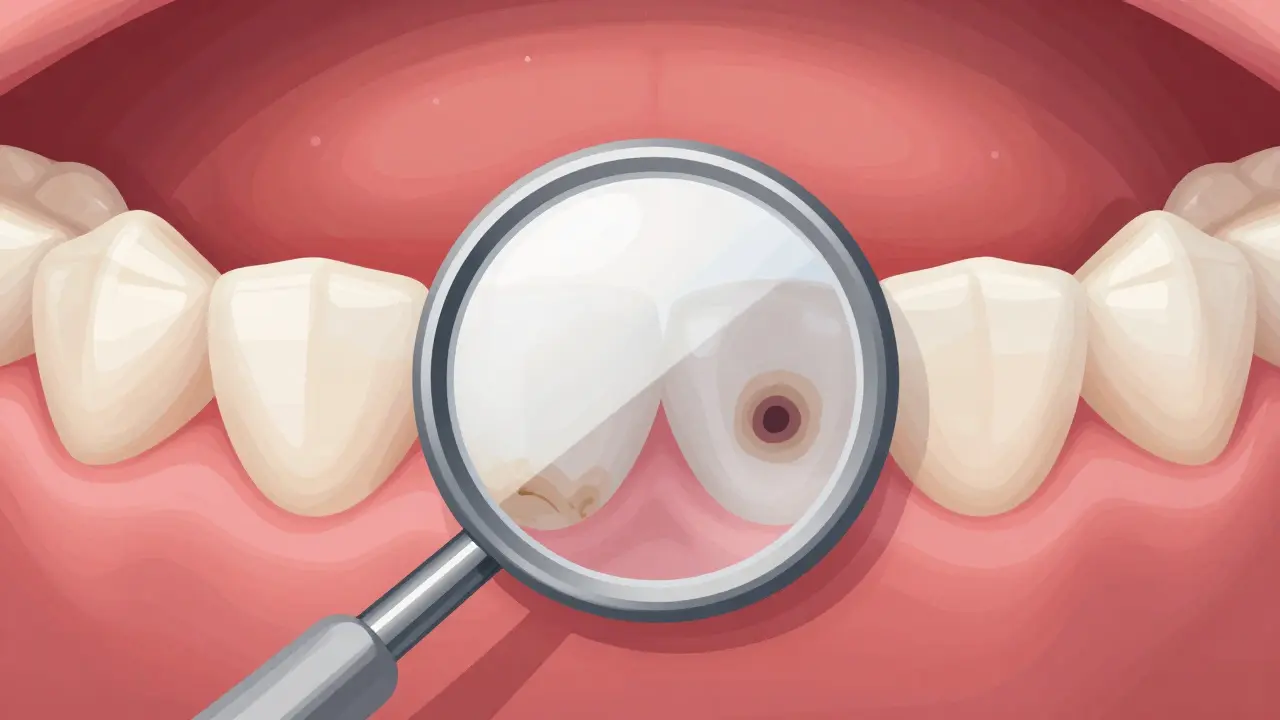 Detailní pohled do úst ukazující zubní kámen, červené dásně a karies na zubech.