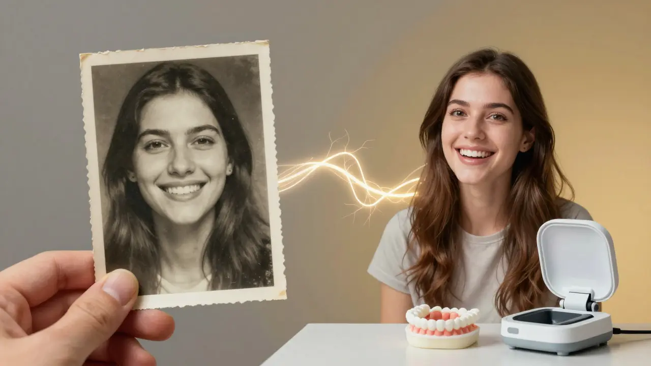 Dvě fotografie spojené světelnou cestou — zavřený úsměv a otevřený úsměv.