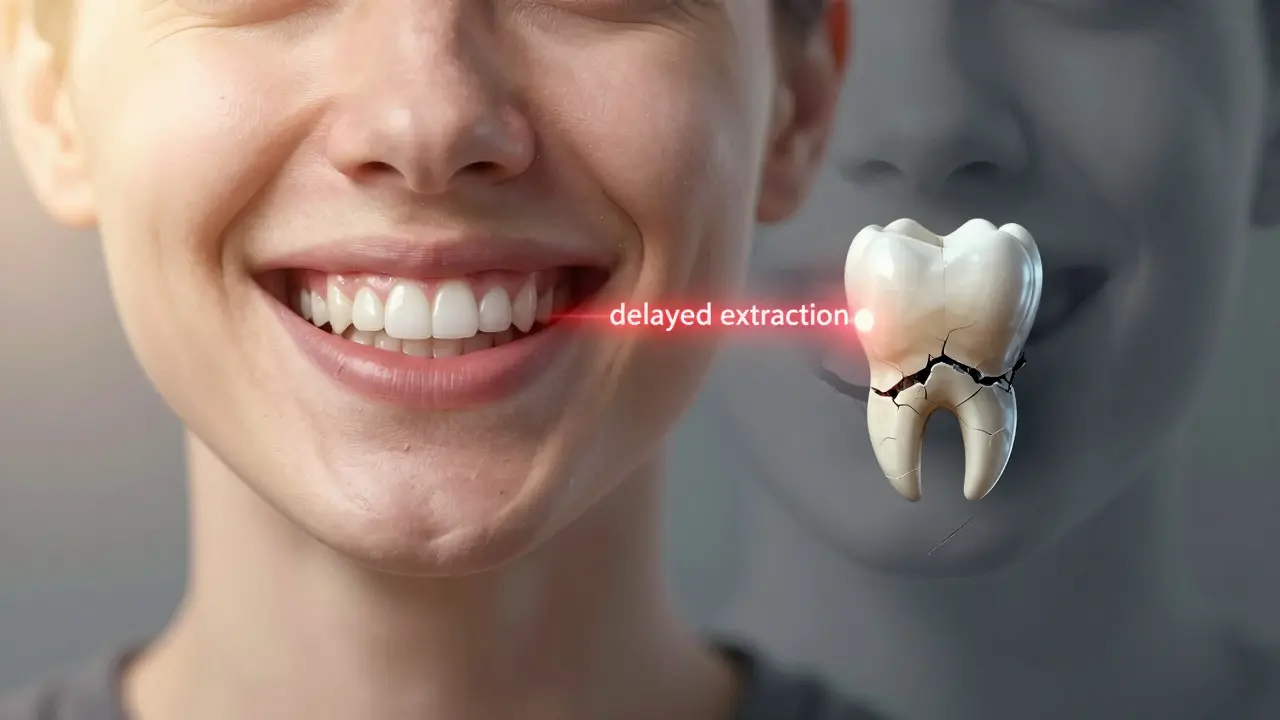 Dvě strany obličeje: zdravé zuby vs. následky odloženého vytržení.