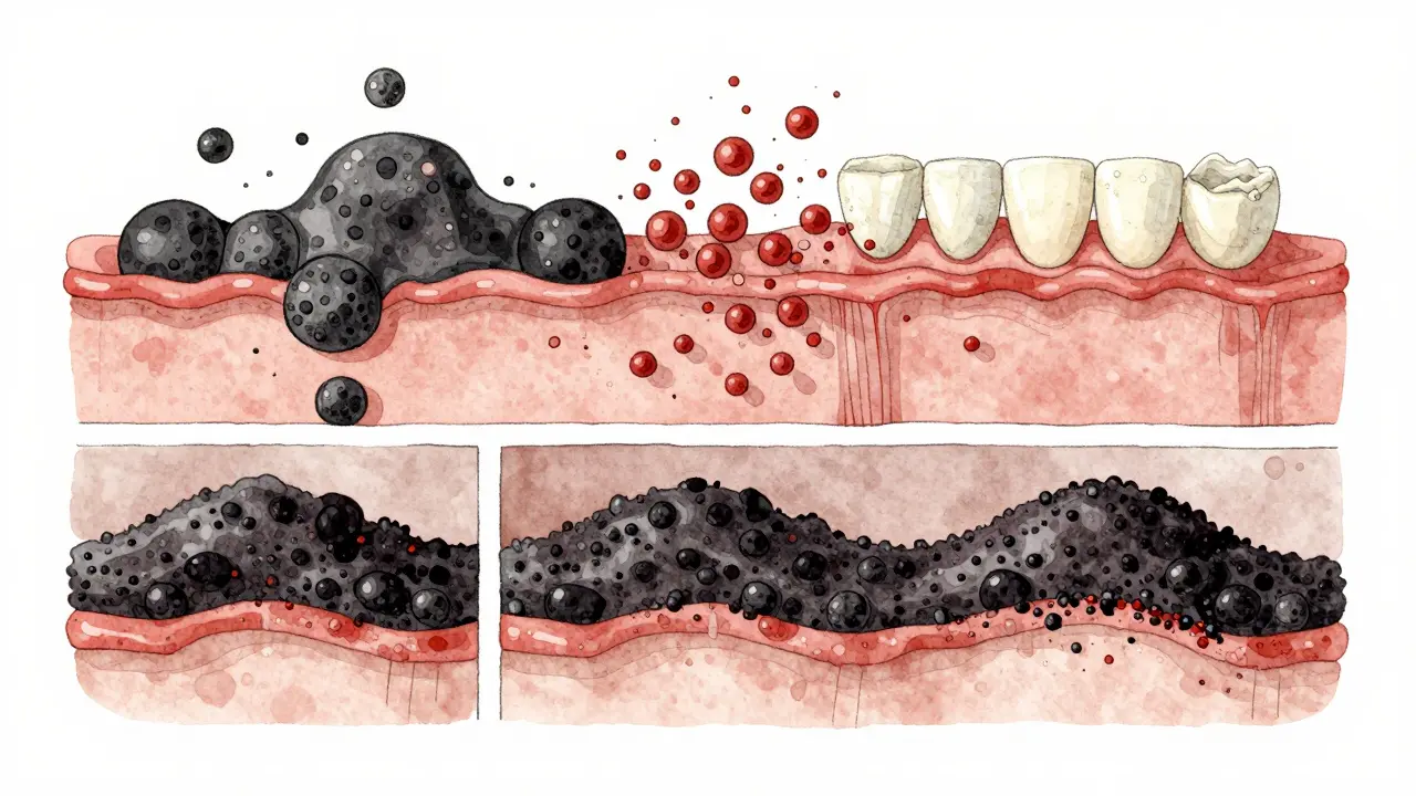 Ilustrace vzniku černého zubního kamene: plak, železo a bakterie vytvářejí tmavý nános.