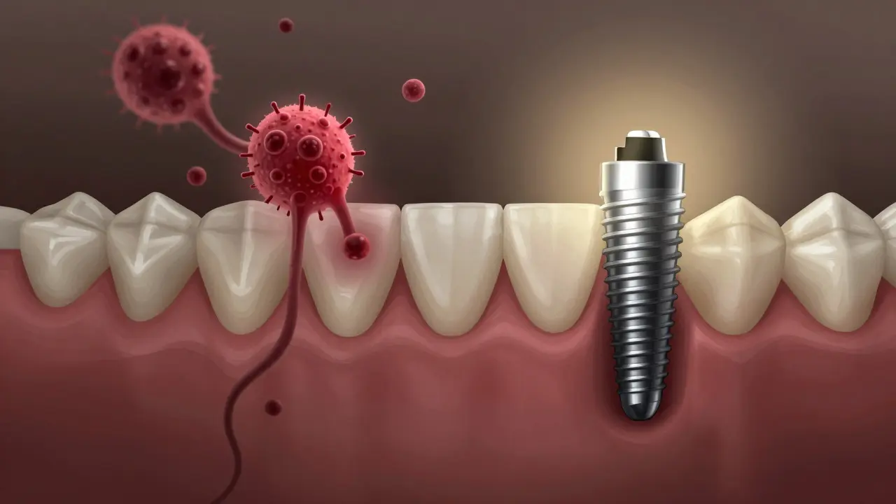 Implantát s plakem, který ničí kost, v kontrastu s čistým povrchem a zlatým zářením.