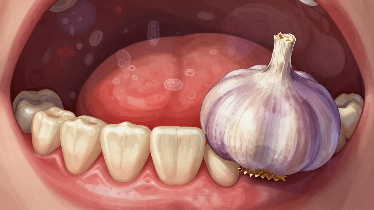 Kláška česnku na bolestivém zubu s viditelným zánětem dásní.