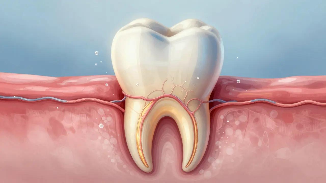 Křížový řez zubu s nově vytvářející se kostí kolem kořene