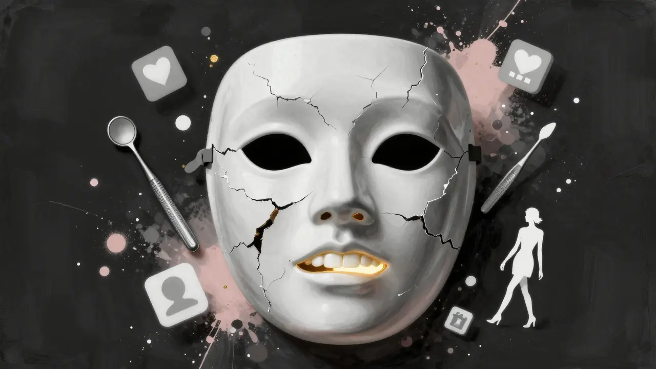 Lidská tvář se objevuje z prasklé porcelánové masky s zlatou mezerou mezi zuby, symbolizující přijetí jedinečnosti.