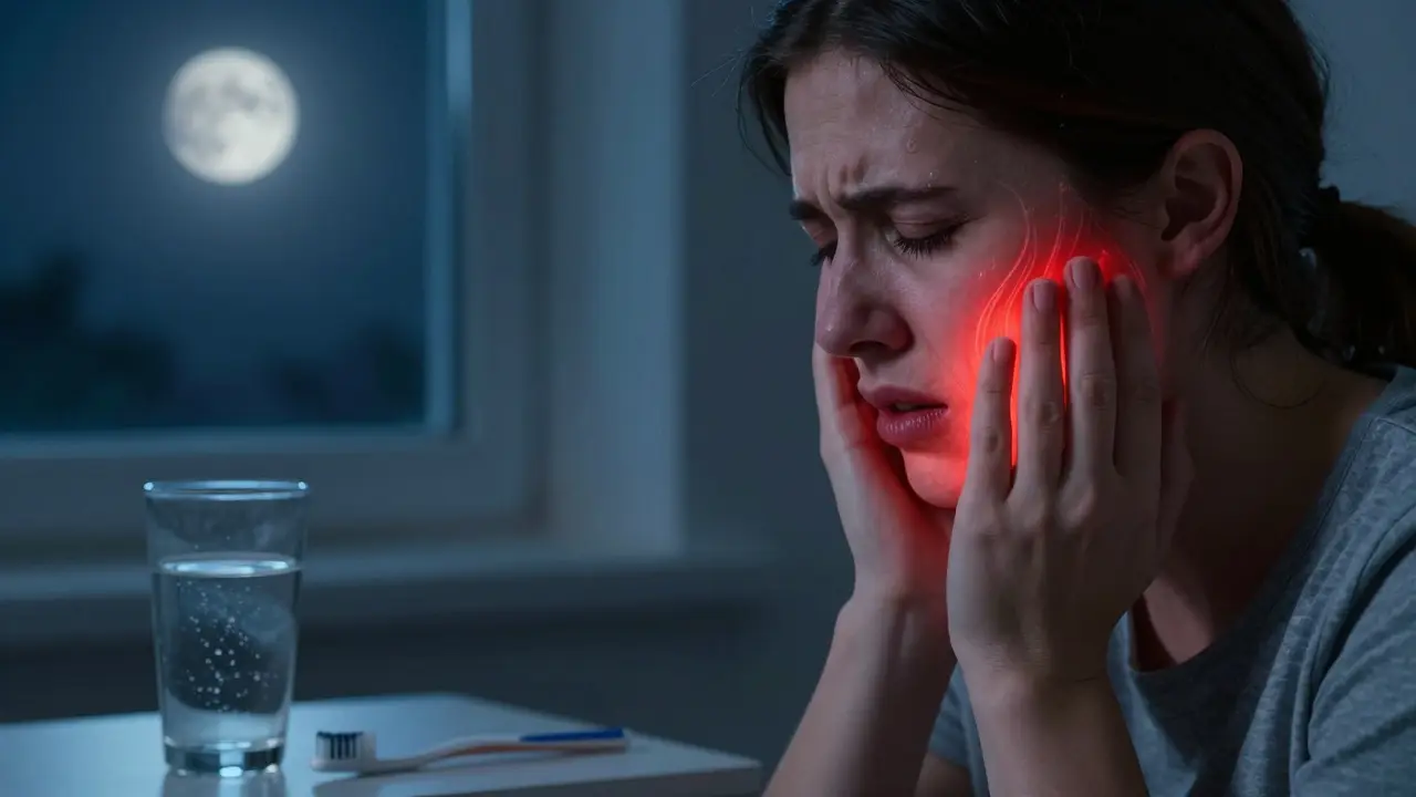 Muž drží tvář v bolesti, s viditelným vnitřním zánětem zubu.