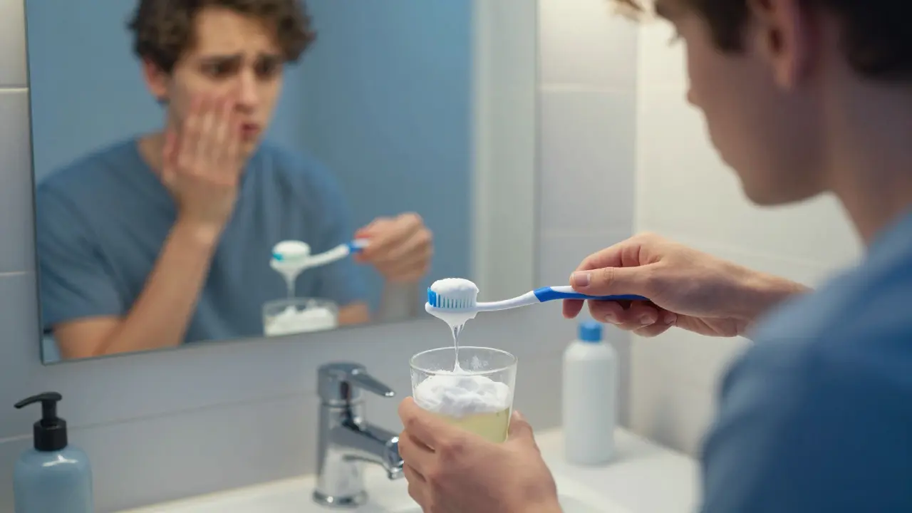 Osoba se zubní kartáčkem s octem a sodou, zubař ji zastavuje v koupelně