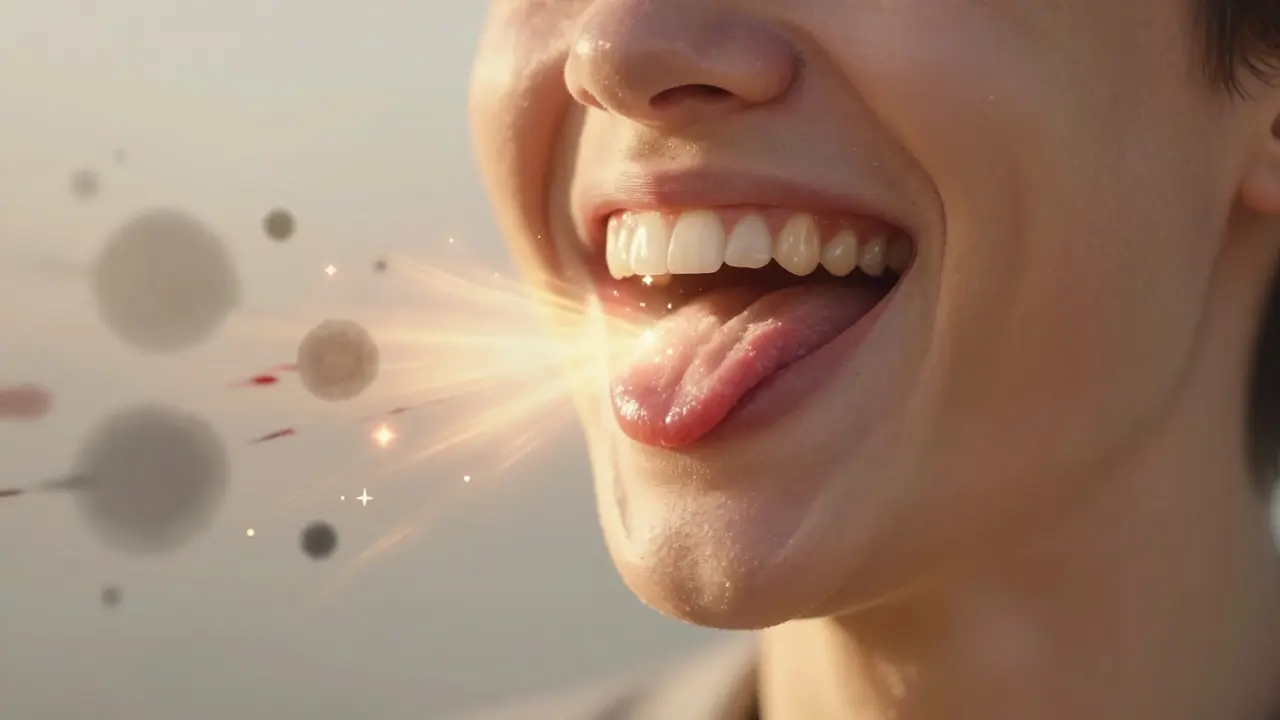 Osobu s jasným zářivým úsměvem, kde z jejího úst vychází světlo z čistých zubů a chuťových pohárků