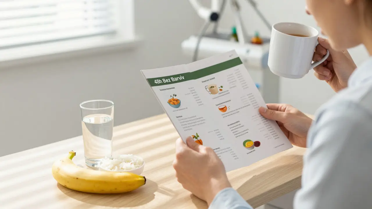 Pacient v zubní klinice pije bylinný čaj a čte pokyny pro stravu po bělení zubů.