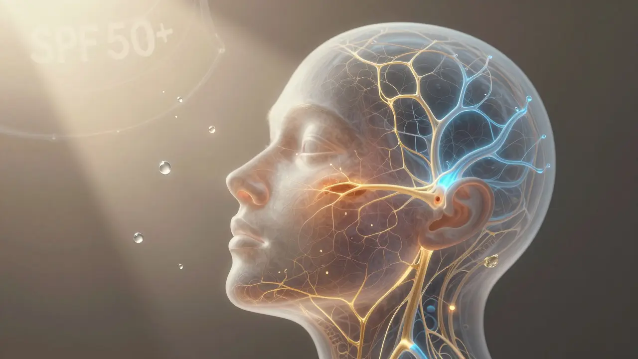 Podpovrchový pohled na regeneraci kůže: kolagen a světelné cesty se tvoří pod kůží v jemném zlatém světle.