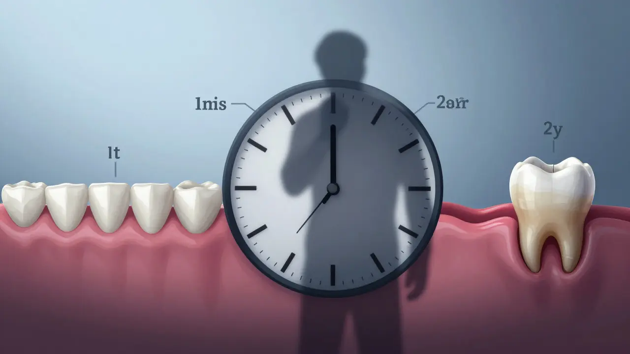 Porovnání zdravého a poškozeného zubu v časové ose zanedbávání.