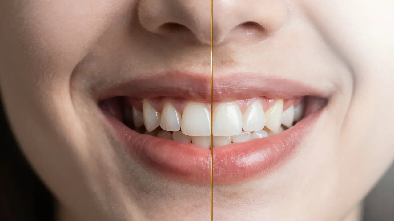 Před a po transformaci úsměvu: přirozené zuby vlevo, fazety vpravo, oddělené zlatou čárou.