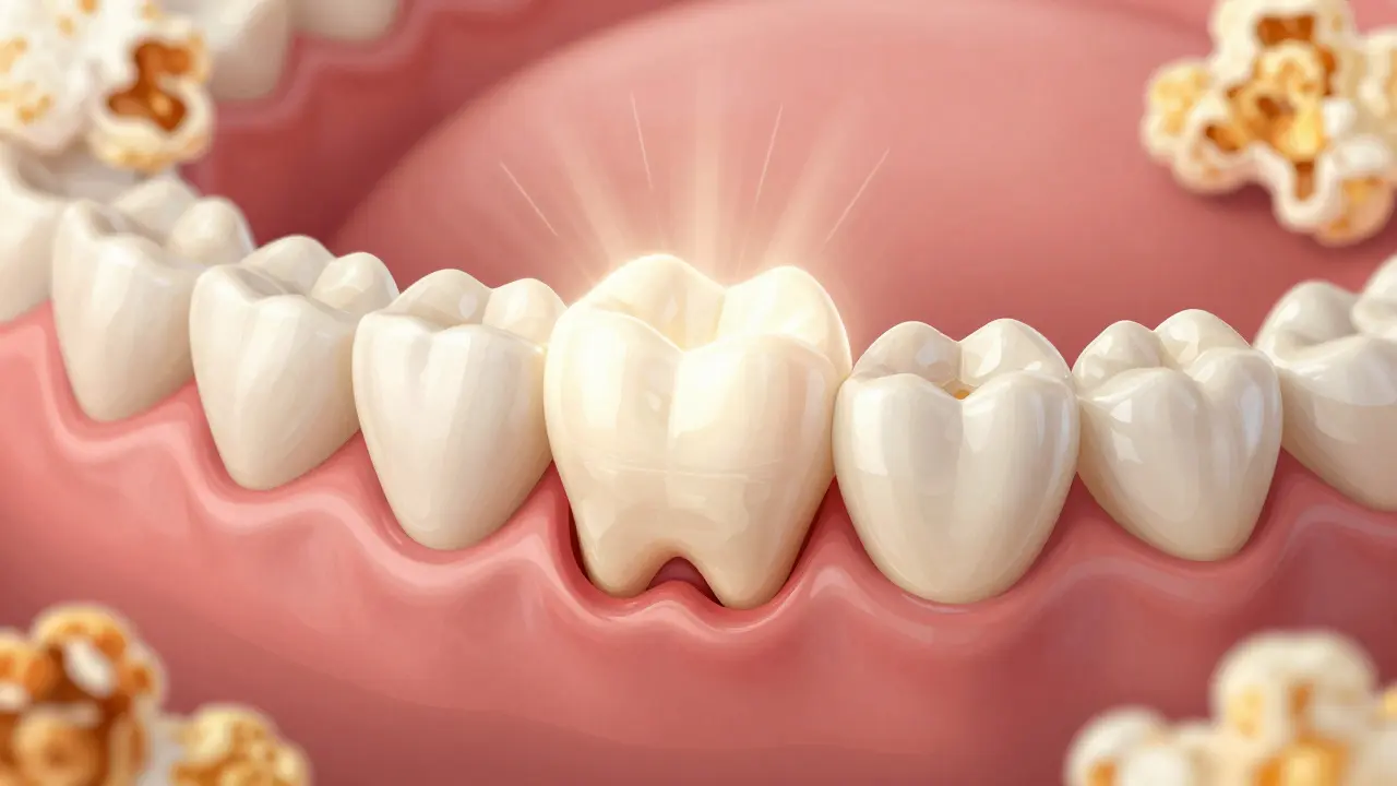 Přehledový náčrt čelisti s keramickou korunkou, která se přirozeně slévá s přirozeným zubem, symbolizující léčbu a uzdravení.