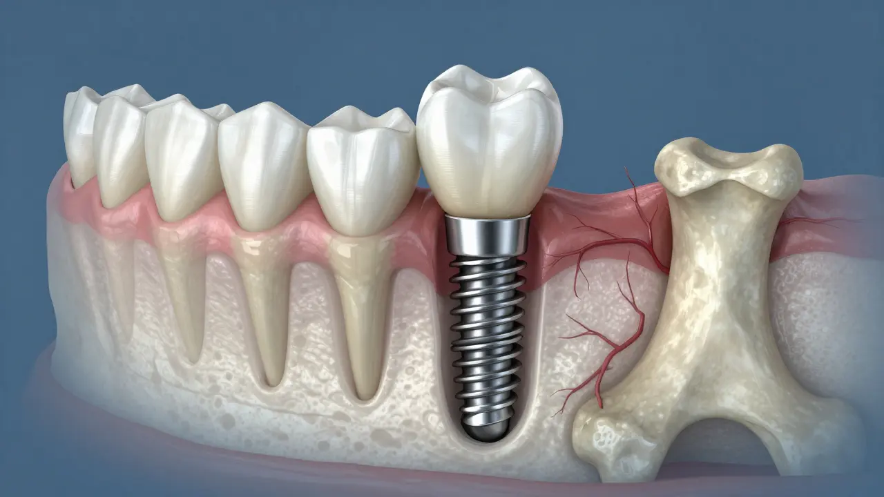 Příčný řez čelistí s titanovým implantátem integrovaným do kosti a keramickou korunkou.