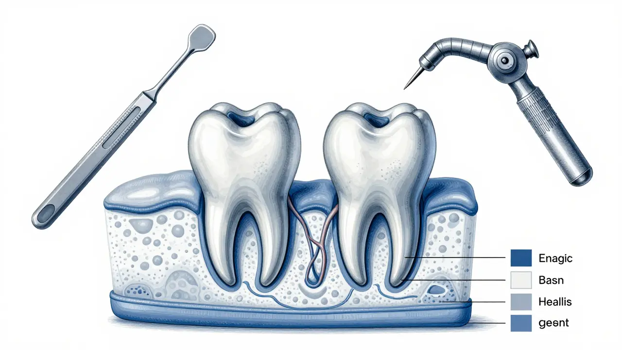 Průřez čelistí s zakrytým osmáčkem a chirurgickými nástroji.