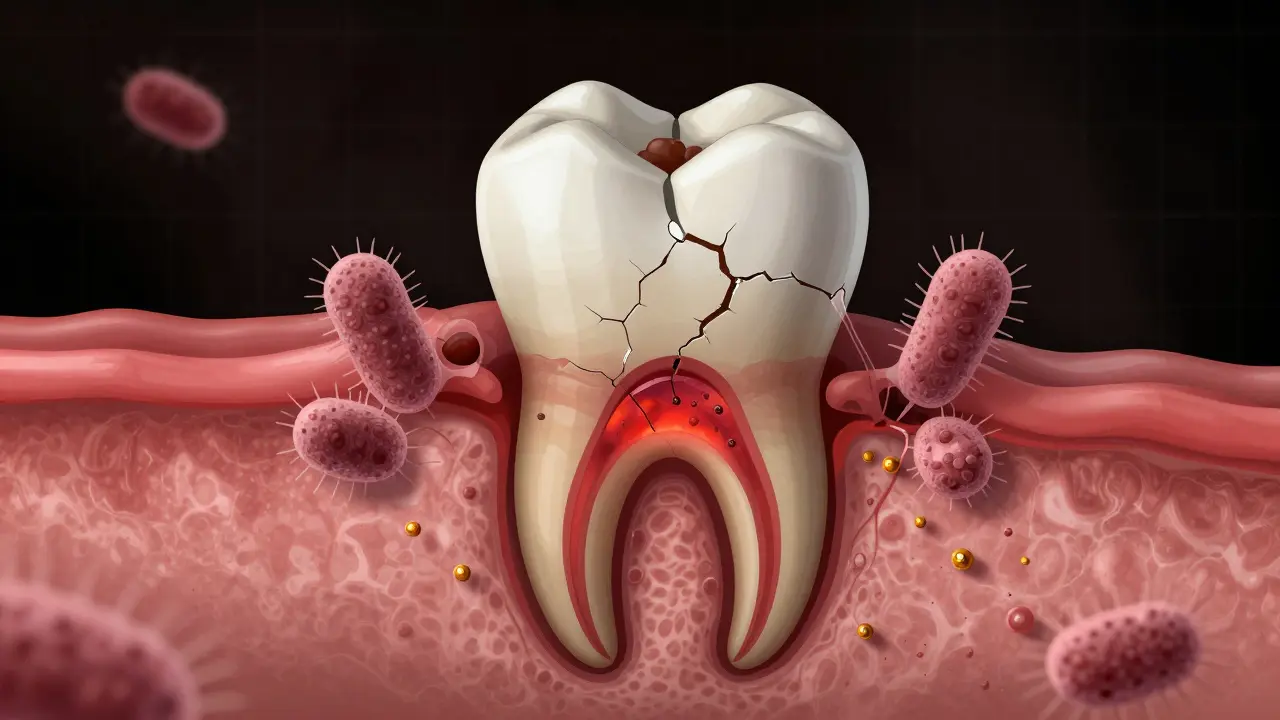 Průřez zubu s infikovaným nervem a abscesem u kořene.