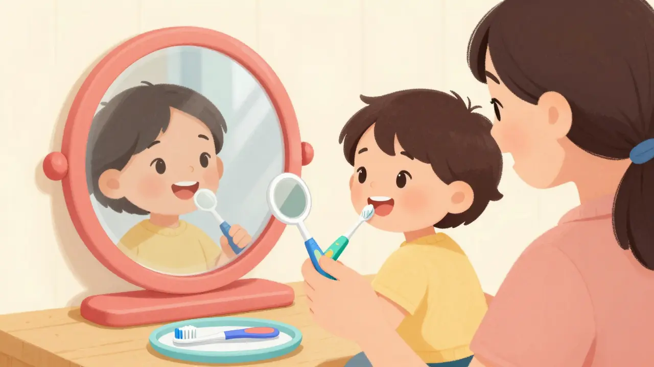 Rodič a dítě společně používají barevné dentální zrcátko k prohlídce zubů.