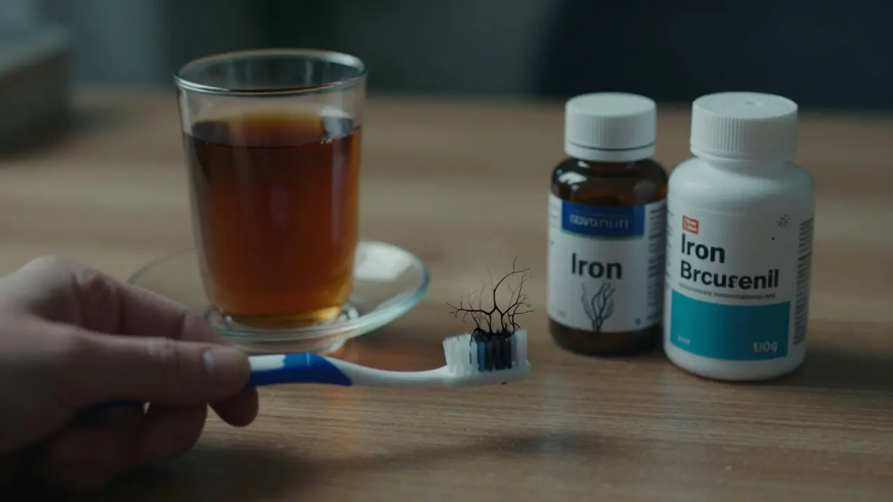 Ruka drží kartáček vedle černého čaje a železných doplňků, s přechodným obrazem kamene na zubech.