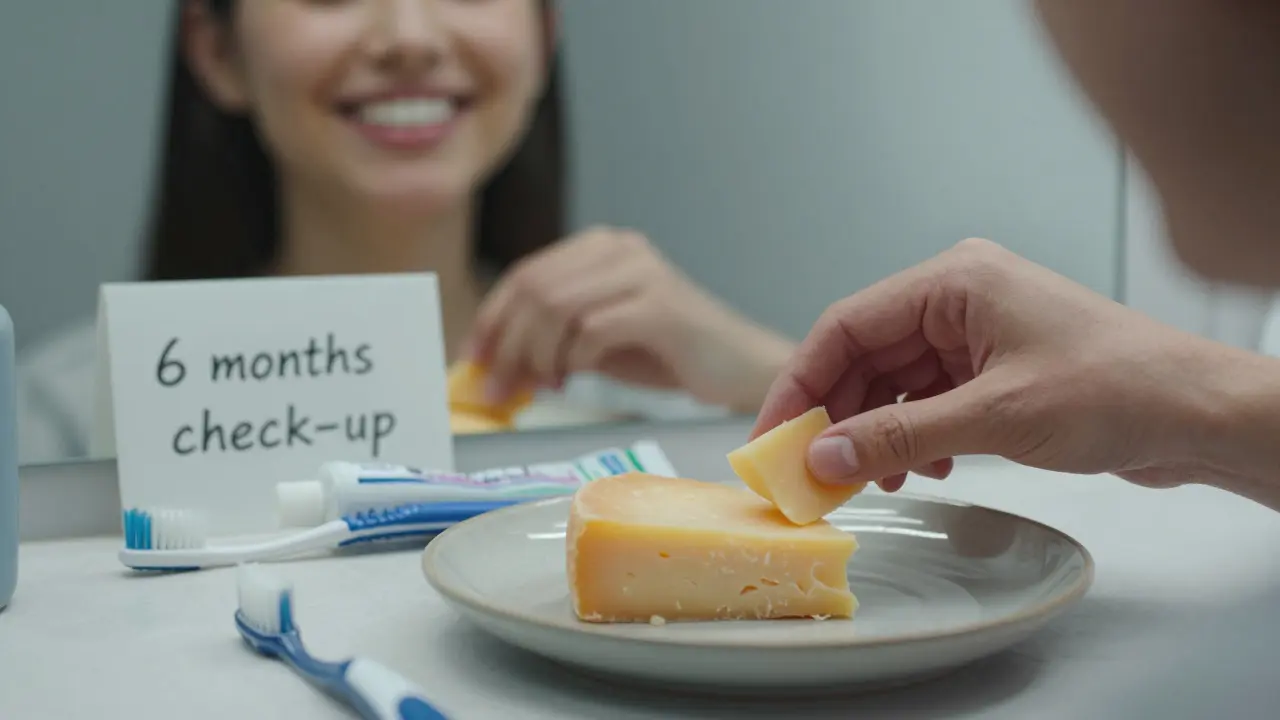 Ruka klidně klade měkký sýr na talíř, zrcadlo odrazuje jistý úsměv s dokonalými keramickými zuby.