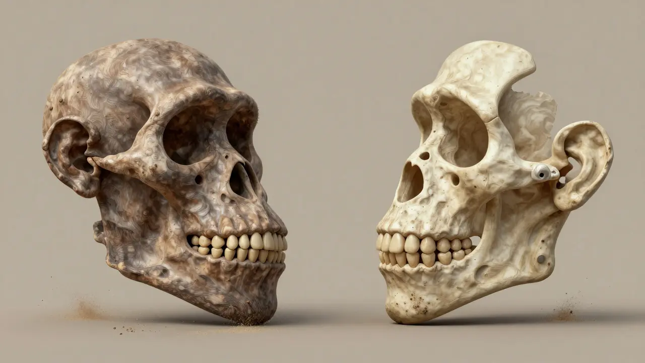 Srovnání čelistí australopitéka a moderního člověka, ukazující zmenšení počtu a velikosti zubů v průběhu evoluce.