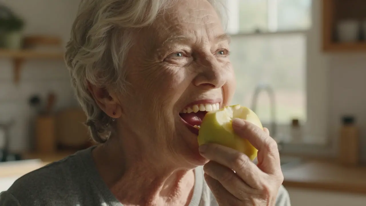 Starší osoba kousá do jablka s plnou sebevědomostí, bez jakýchkoli protéz.