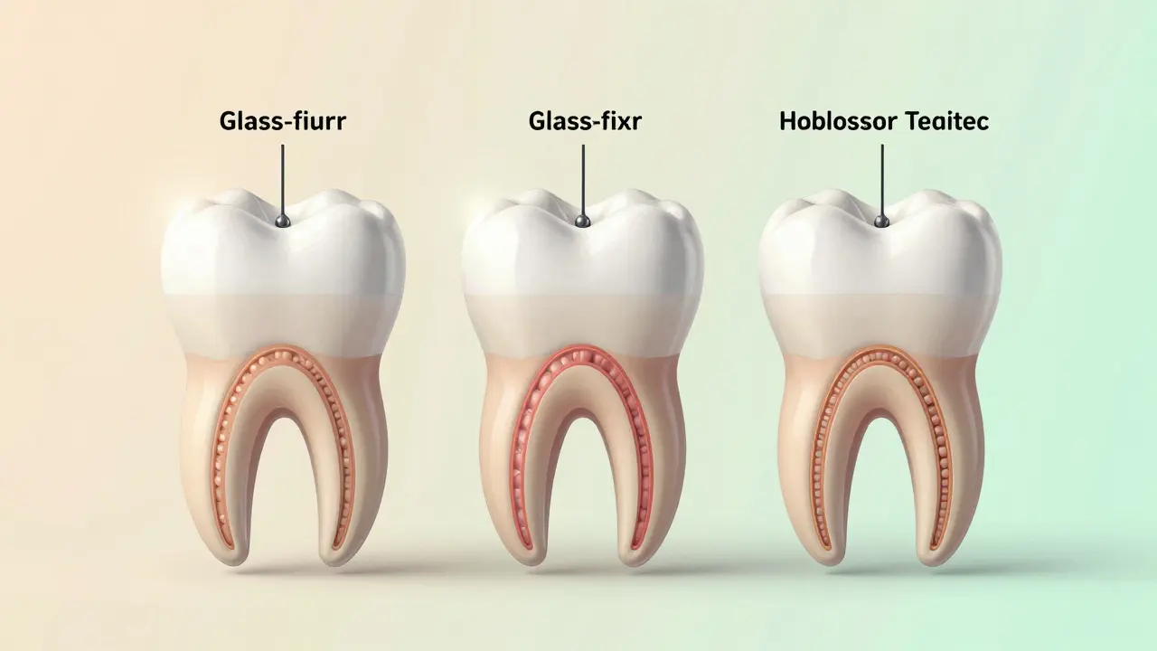 Three types of dental posts — metal, glass-fiber, and ceramic — displayed in transparent tooth models.