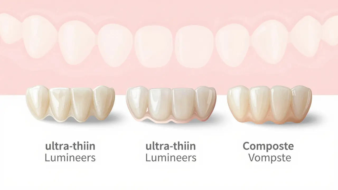 Tři typy fazet na bílém pozadí: keramické, minimálně invazivní a kompozitní.