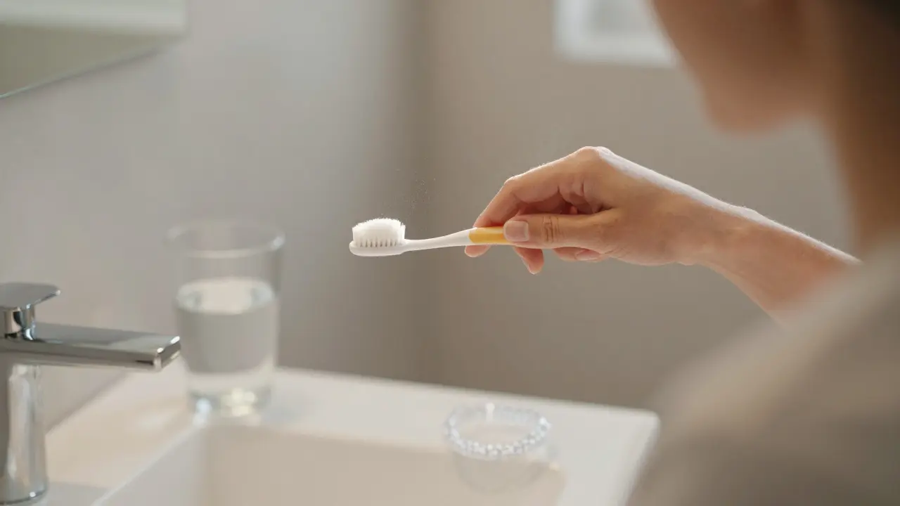 Žena čistí zuby jemným kartáčkem, retentor na stole vedle sklenice vody