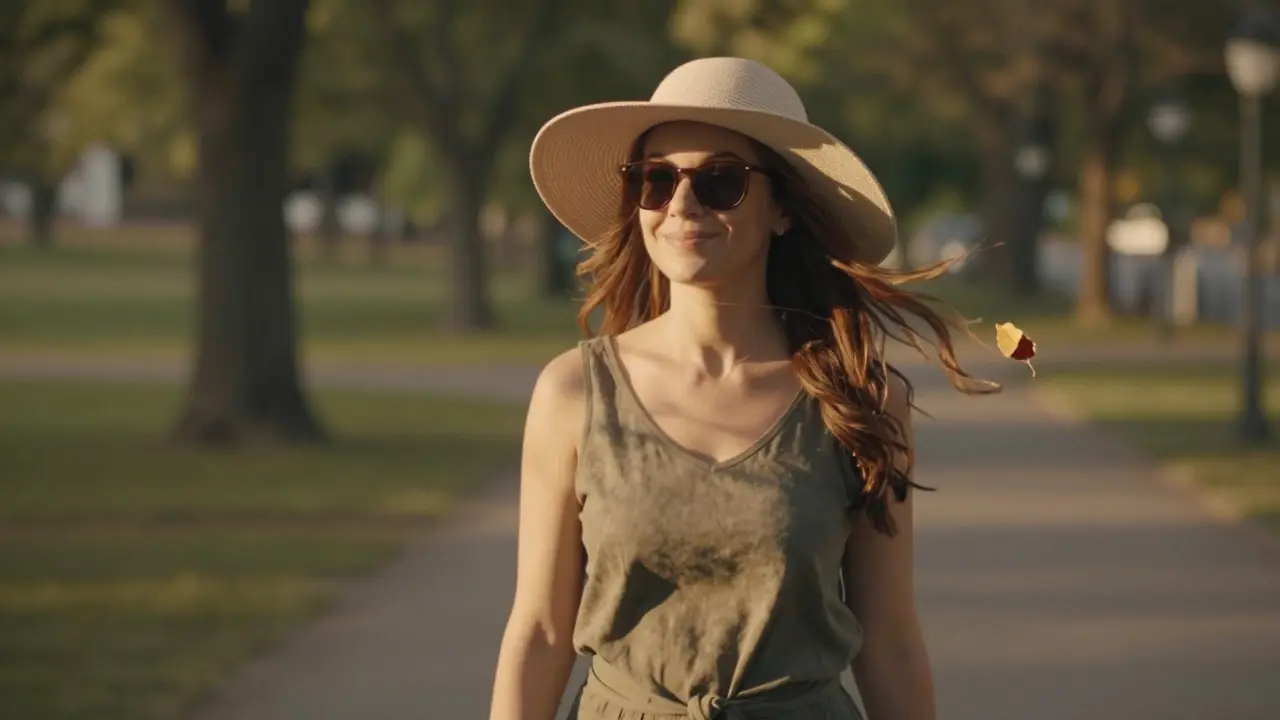Žena prochází stinnou cestou v parku, nosí široký klobouk, slunce filtruje skrze listí, klidná atmosféra obnovy.