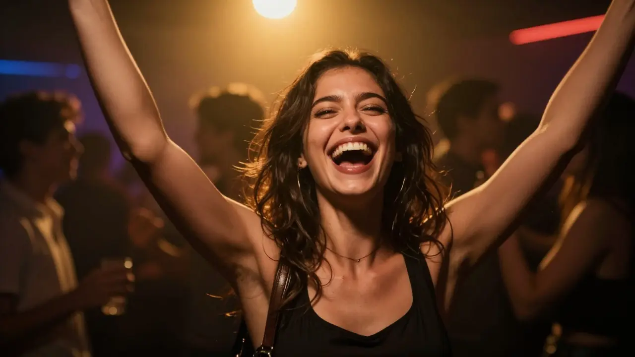 Žena se směje volně v nočním klubu, její úsměv je pravdivý a svobodný.