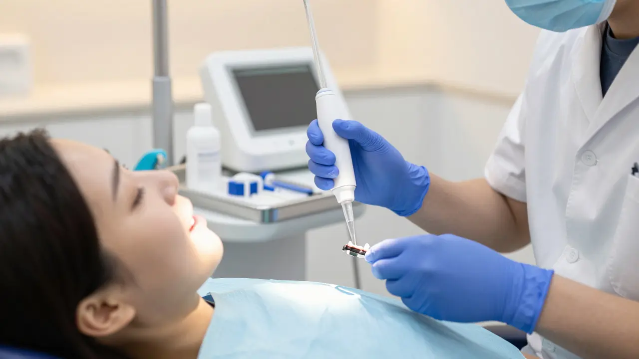 Zubař používá hydromodul k čištění pod zubním mostem na implantátech.