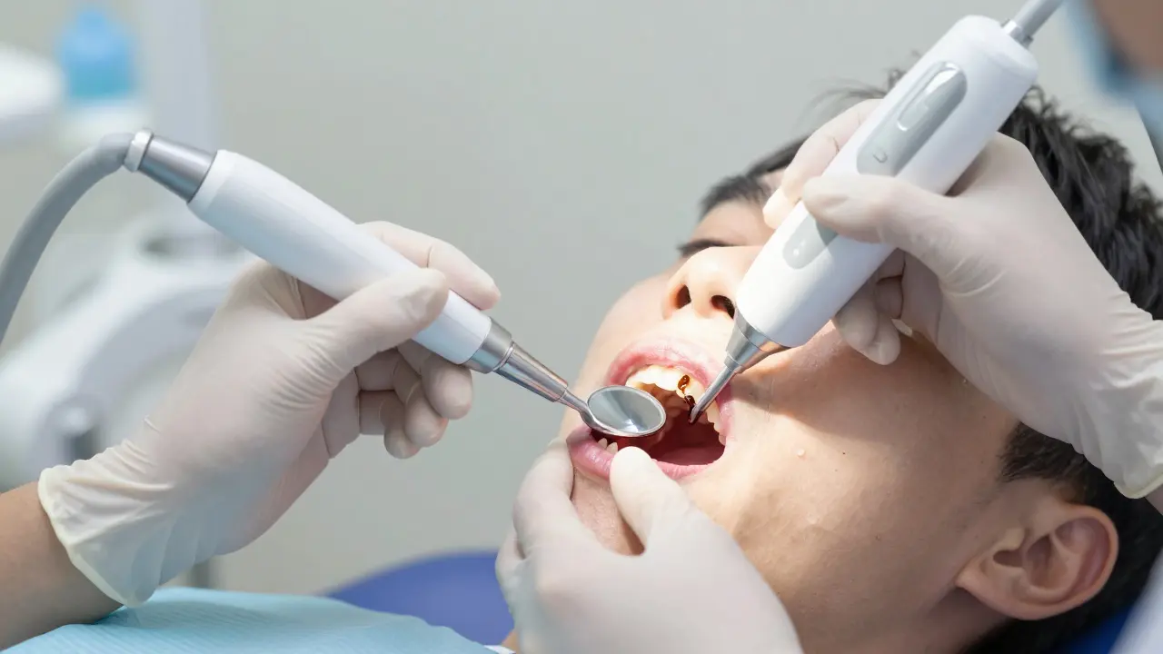 Zubní lékař odstraňuje zubní kámen ultrazvukovým nástrojem.