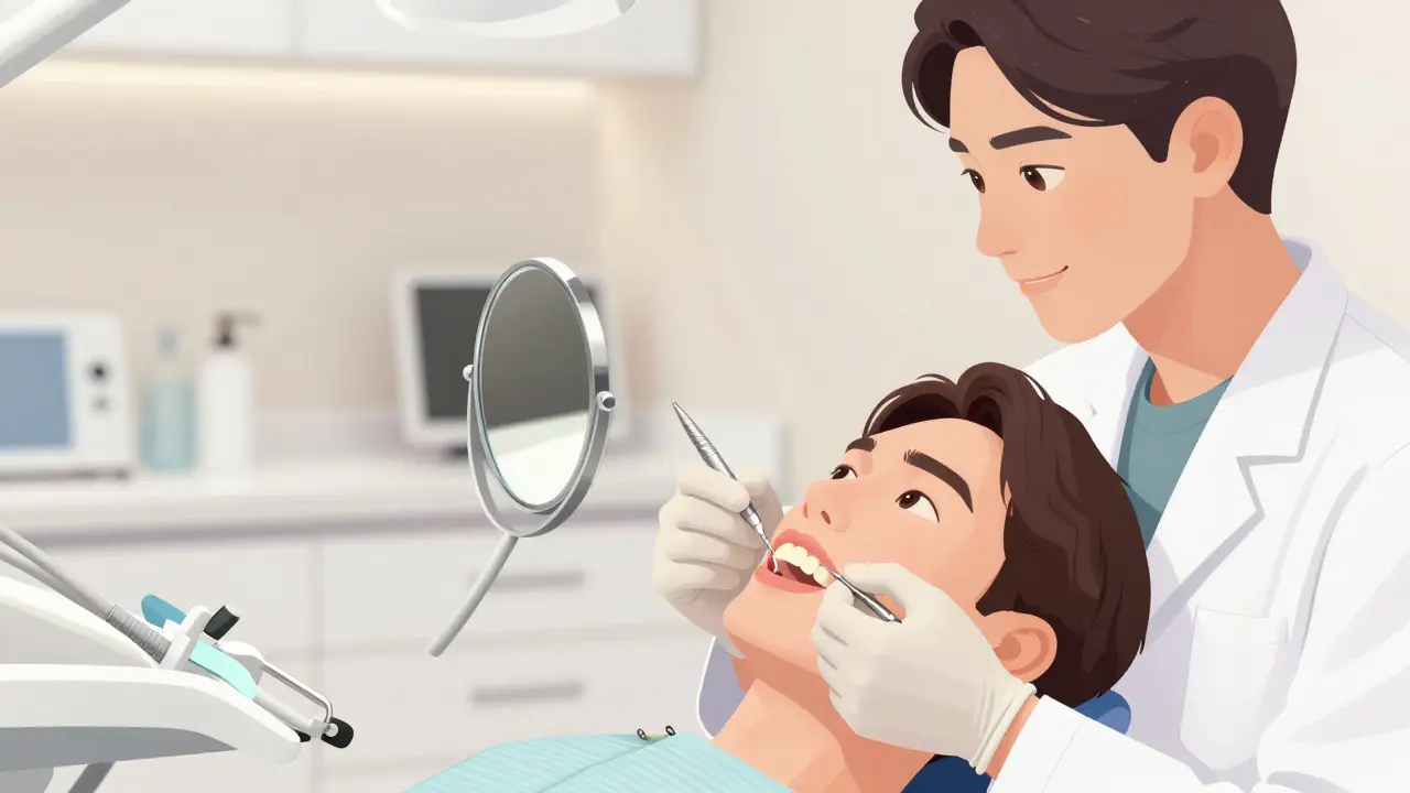 Zubní lékař přidává kompozitní materiál mezi zuby pacientky, která se dívá do zrcadla.