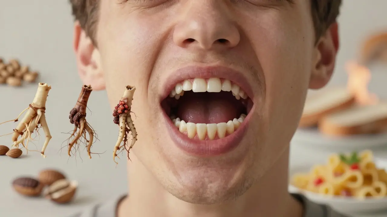 Zuby moudrosti vyrůstající skrz dásně, s obrazovými stíny syrových a vařených potravin, symbolizující změnu stravy.