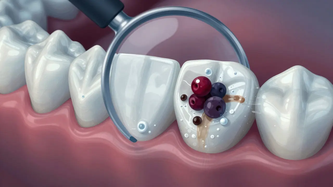 Zvětšený pohled na zubní email po bělení, kde barviva potravin se snaží proniknout, ale voda a mléko brání.