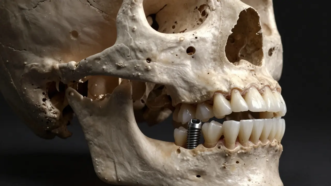 Atrofie čelistní kosti po ztrátě stoličky a implantát jako řešení.